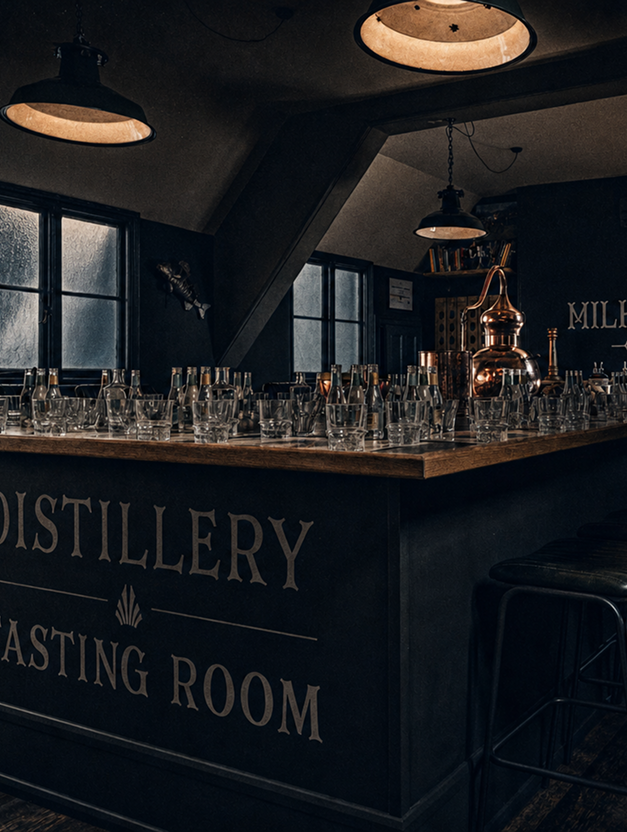 The Distillery and Tasting Room with a copper still and a row of tasting glasses on a dark bar