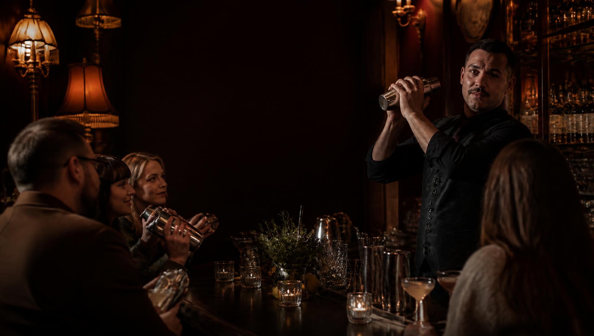 A bartender leading a cocktail masterclass in The Milk Thistle's atmospheric bar